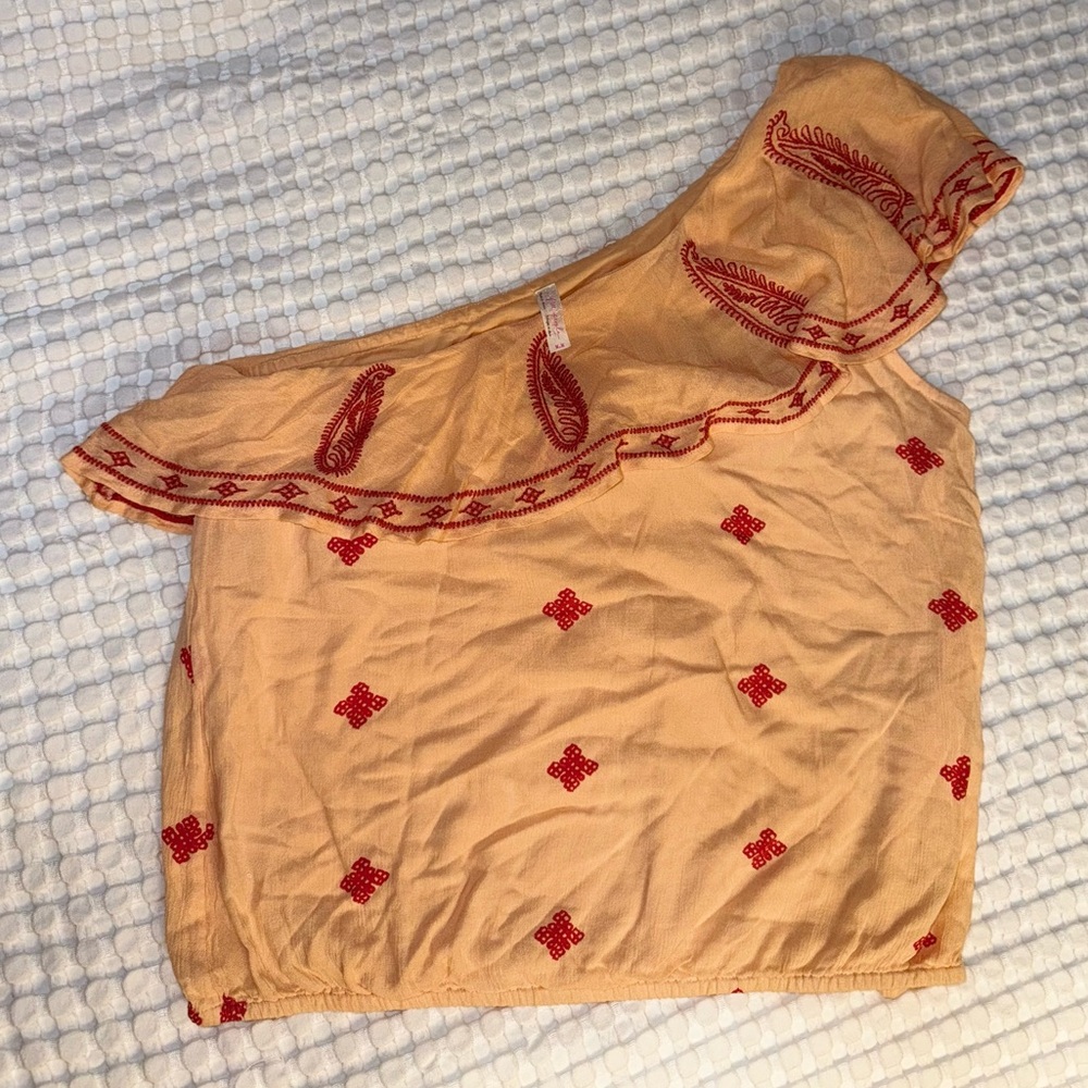 Free People Peach One-Shoulder Top with Red Embroidery